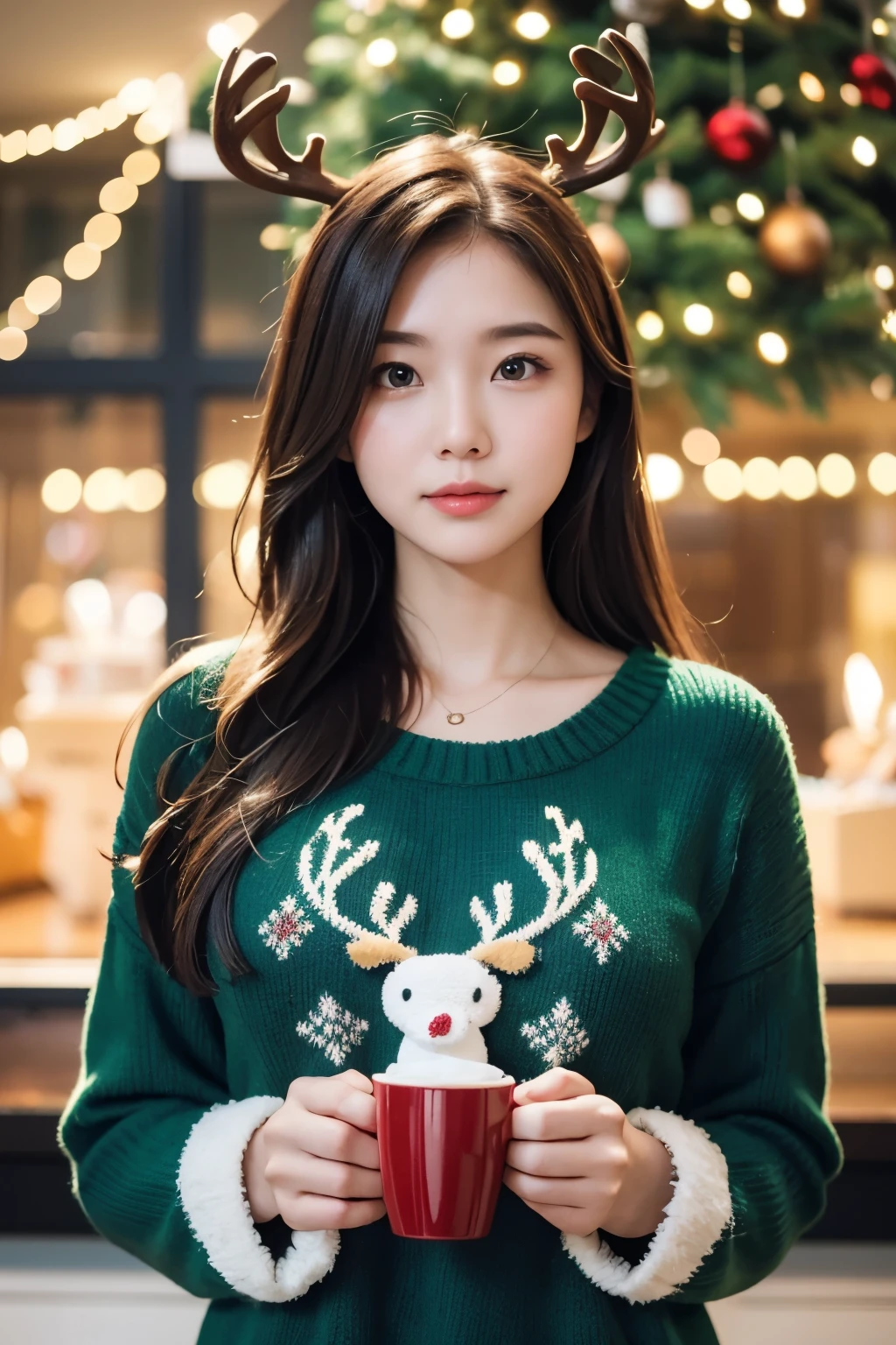 Beautiful woman in front of a large Christmas tree. Warm lighting, green reindeer pattern knit,