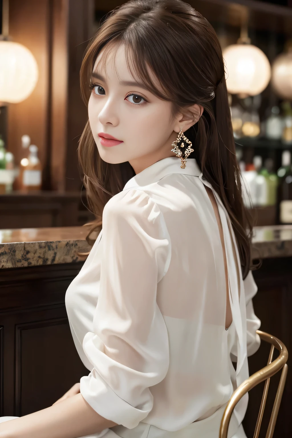 masterpiece, highest quality, Realistic, Very detailed, Finer details, High resolution, 8k wallpaper, One beautiful woman, Wear an elegant white see-through blouse, A great bar counter, At night, Light brown messy hair, Perfect dynamic composition, Beautiful and beautiful eyes、Big earrings、Sitting in a chair、Back view
