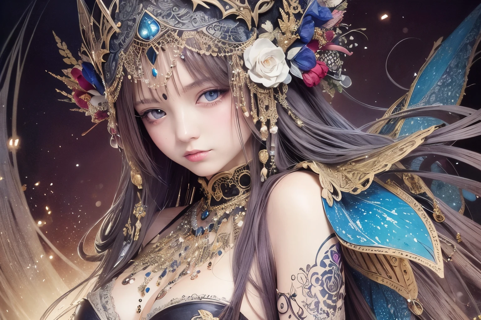 Watercolor, Ink droplets, many colors of ink, Detailed line art, girl, Dark fantasy, Incredible detail, highest quality, Official Art, Large file size, Detailed, masterpiece,