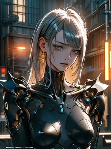 Top Quality, Masterpiece, Ultra High Resolution, ((Photorealistic: 1.4), Raw Photo, 1 cyberpunk Girl, Glossy Skin, 1 Mechanical Girl, (Ultra Realistic Details)), mechanical limbs, tubes connected to the mechanical parts, mechanical vertebrae attached to the spine, mechanical cervical attachment to the neck, wires and cables connecting to the head, Evangelion, Ghost in the Shell, small glowing LED lamps, global lighting, deep shadows, Octane Rendering, 8K, Ultra Sharp, Metal, Intricate Ornament Details, baroque details, Very intricate details, realistic light, CGSoation trend, facing the camera, neon details, (android manufactory in background), art by H.R. Giger and Alphonse Mucha.