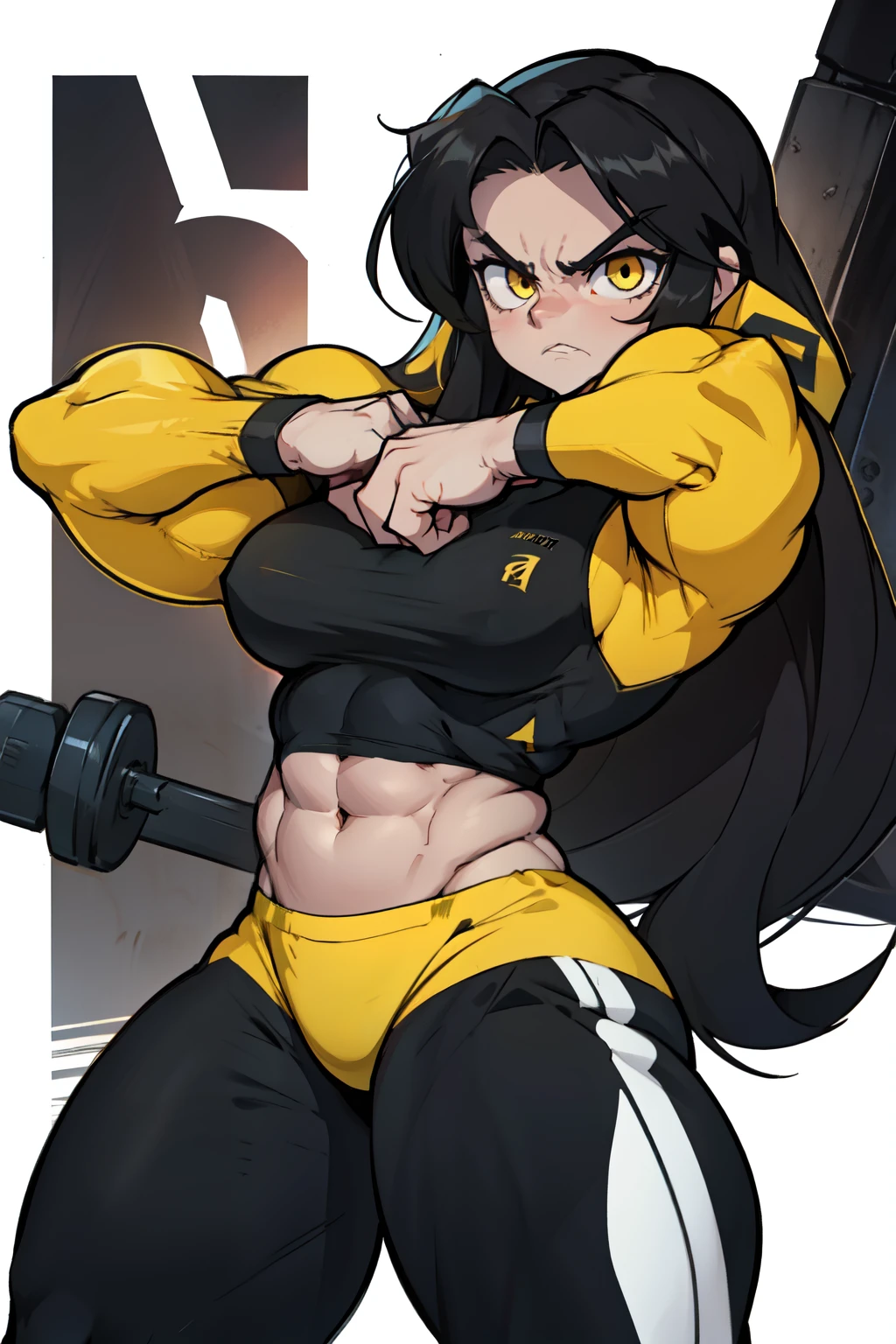 angry ((((1girl)))) (((bodybuilder))) pale skin black hair very long hair yellow eyes midriff