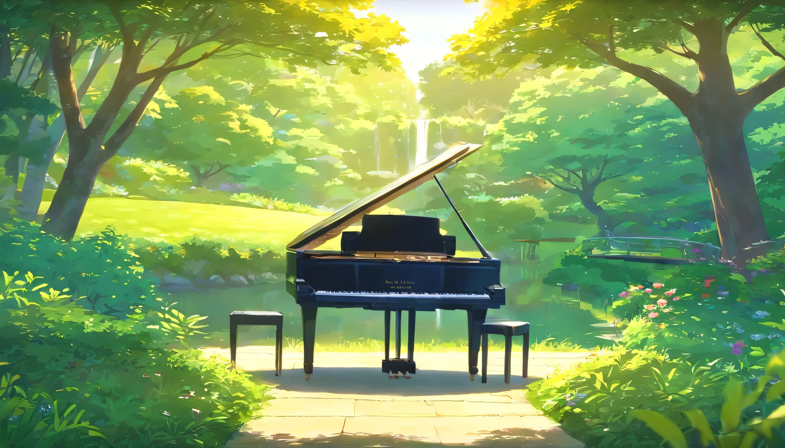 A grand piano is placed in the middle of a Japanese garden with grassy paths.,quiet、The small stream sparkles