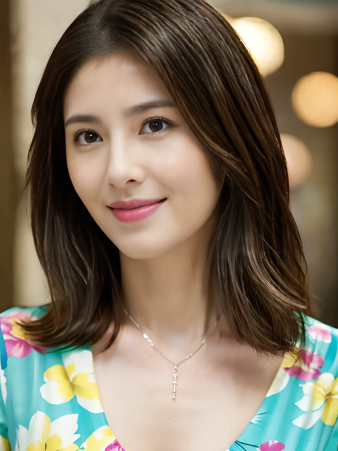 (RAW Photos), (Photorealistic), (masterpiece), (highest quality), High resolution, 8k, (Intricate details), (Volumetric light), Portraiture, woman, 30 years old, Medium Hair, Straight hair, middle cleavage, Layered Hair, Brown Hair, Very beautiful eyes, Source order, Very thin eyebrows, Very fine skin, Very nice mouthfeel, Very nice nose, Cute like an idol, Smile, (Thick lips), (Sexy and elegant colorful blouse), ((Full Body Shot)), ((Accentuate your cleavage)), random body orientation,