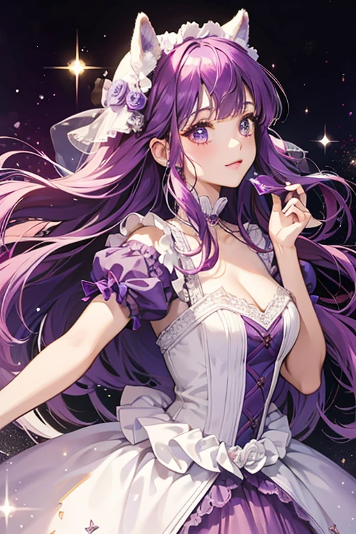 Juno has brown skin and curly purple hair that goes past her waist. She has big purple eyes with purple eyeshadow. Her accessories consist of a furry purple cat hat.
Her outfit consists of a long light purple dress. On the end of the skirt part is white ruffles. On the top of the dress is a purple bow. Her socks are white with ruffles on the top. Her heels are light purple with dark purple on the bottom. SPARKLE; GLITTER