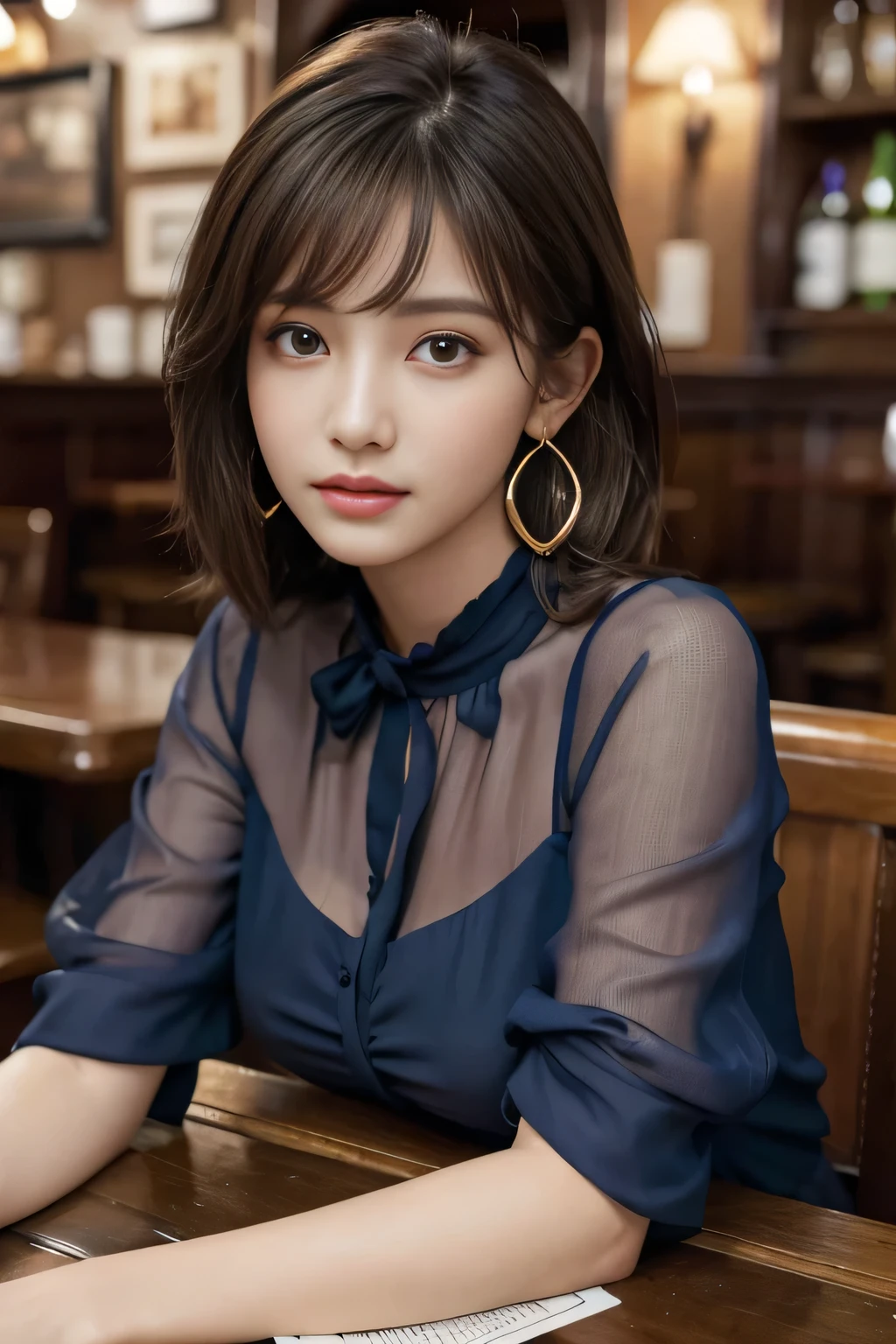 masterpiece, highest quality, Realistic, Very detailed, Finer details, High resolution, 8k wallpaper, One beautiful woman, Wear a navy blue see-through blouse, In a great pub, At night, Light brown shaggy haircut, Perfect dynamic composition, Beautiful and beautiful eyes、Big earrings、Sitting in a chair、