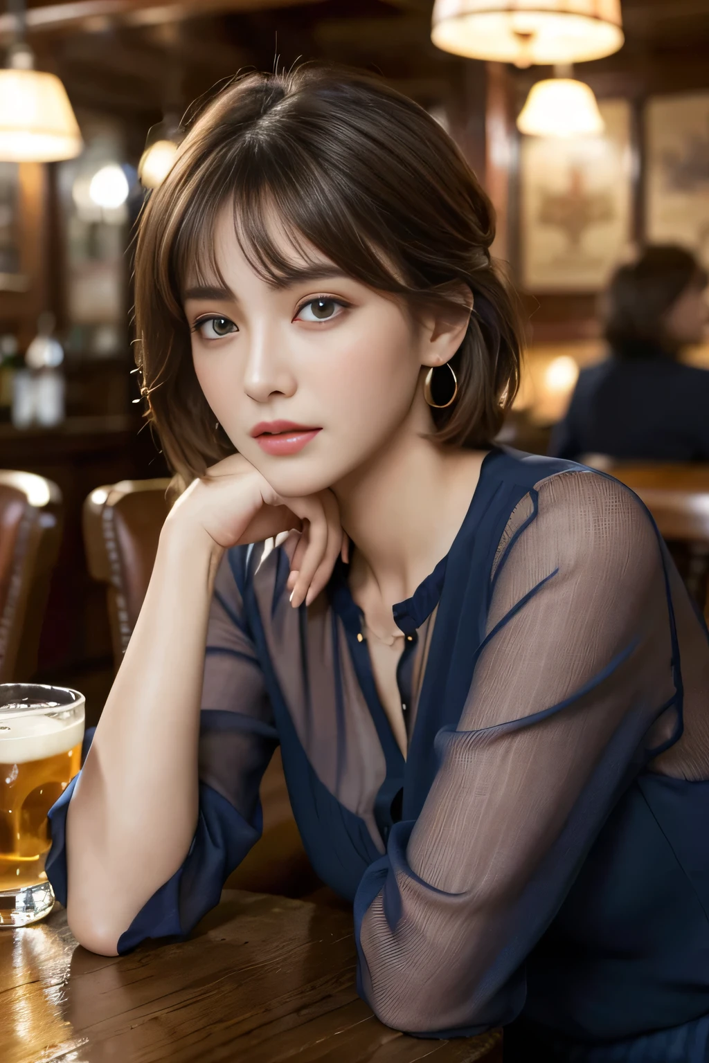 masterpiece, highest quality, Realistic, Very detailed, Finer details, High resolution, 8k wallpaper, One beautiful woman, Wear a navy blue see-through blouse, In a great pub, At night, Light brown shaggy haircut, Perfect dynamic composition, Beautiful and beautiful eyes、Big earrings、Sitting in a chair、