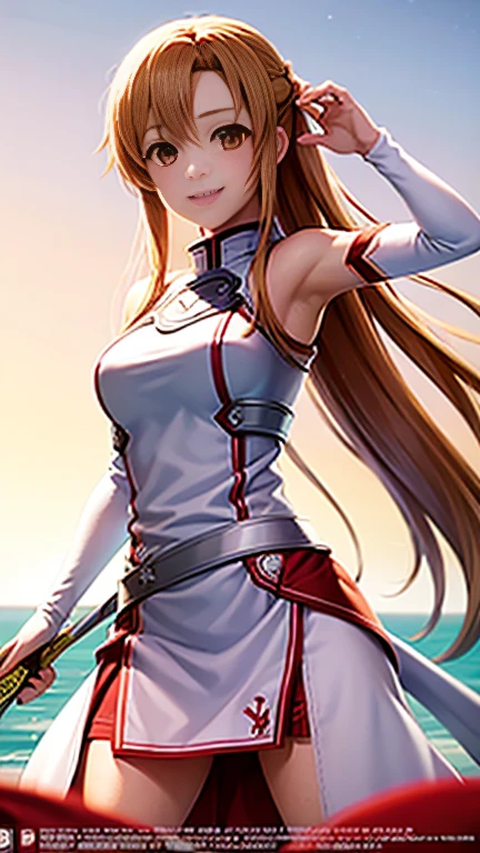 Pechos grandes Asuna,sonrisa ligera,criado sexy,La espada,sosteniendo un arma,vestidos blancos,Armadura,pelo flotante,falda roja,con una espada,brazo hacia afuera,La mejor calidad en el mejor de los casos.,cartel para