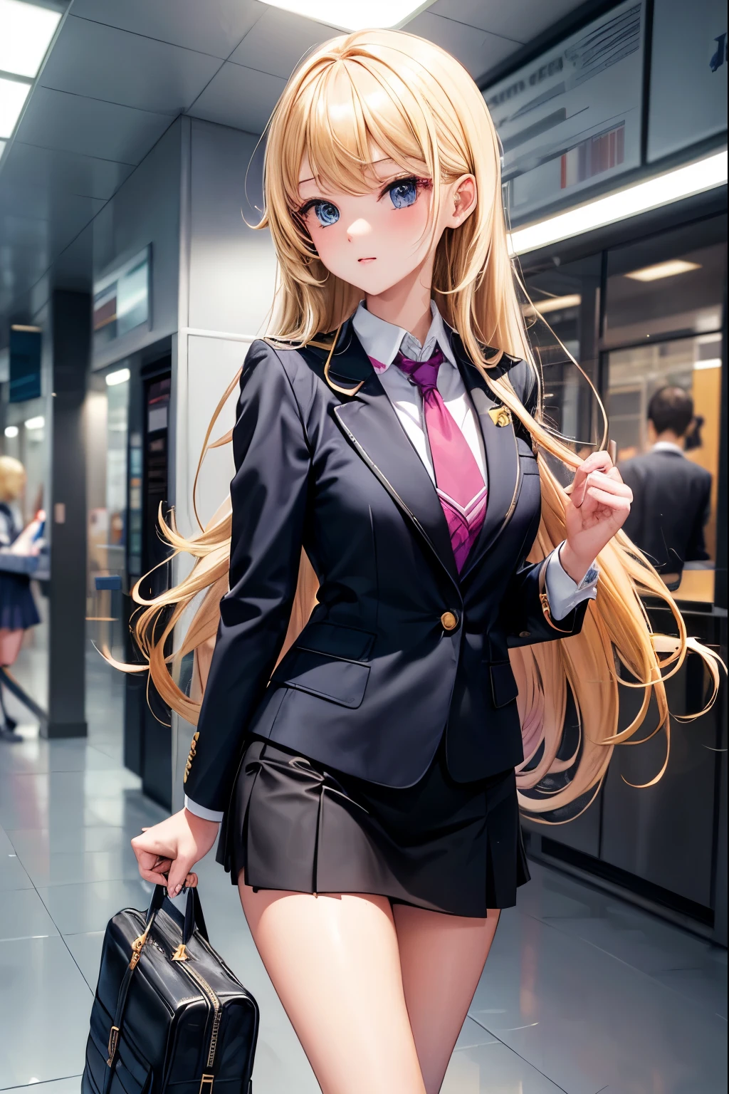 Cute high school girl, long blonde hair, school bag, flashy makeup, thin arms and legs, slender body, , wearing blazer uniform, black stockings, in station