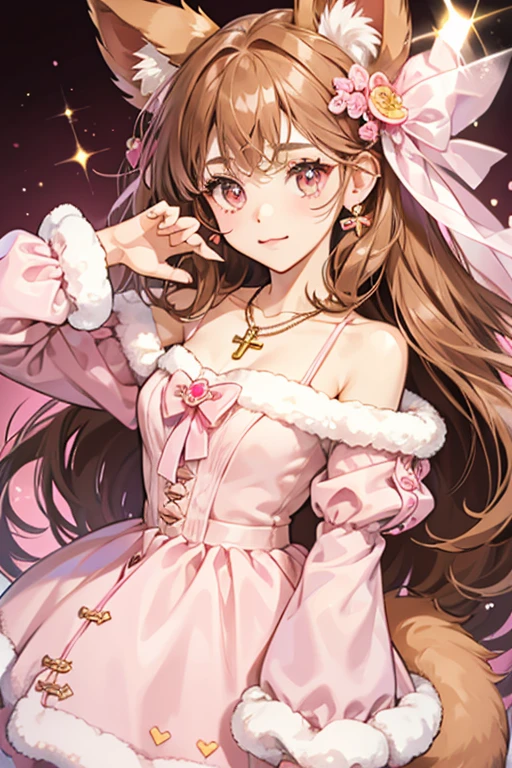 She has pale pink fur, brown tips on her ears, brown paws, a brown tail, black oval eyes, and a brown oval nose. She wears a necklace with a pink heart-cross pendant and a pink bow. SPARKLE; GLITTER