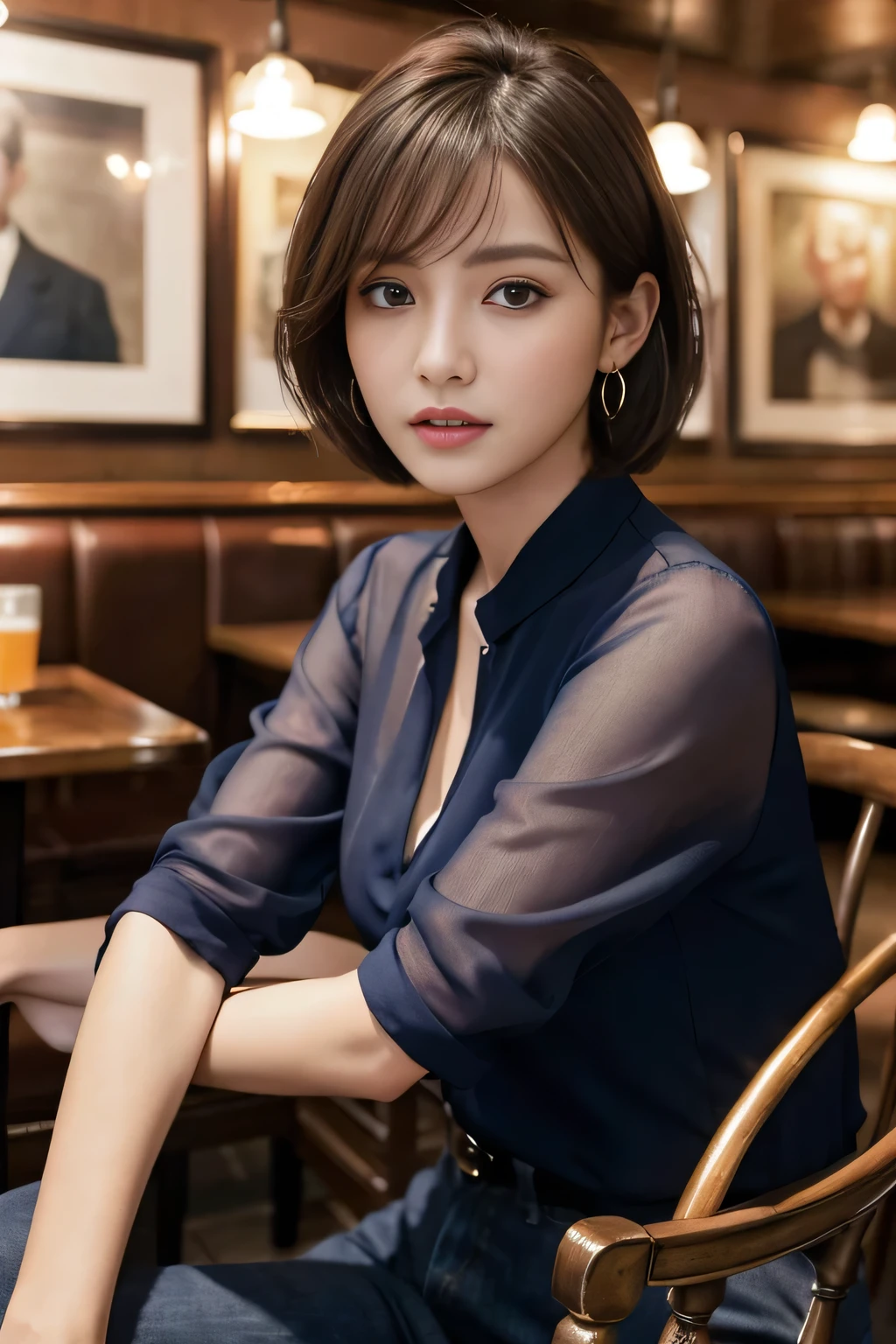 masterpiece, highest quality, Realistic, Very detailed, Finer details, High resolution, 8k wallpaper, One beautiful woman, Wear a navy blue see-through blouse, In a great pub, At night, Light brown unkempt short hair, Perfect dynamic composition, Beautiful and beautiful eyes、Big earrings、Sitting in a chair、