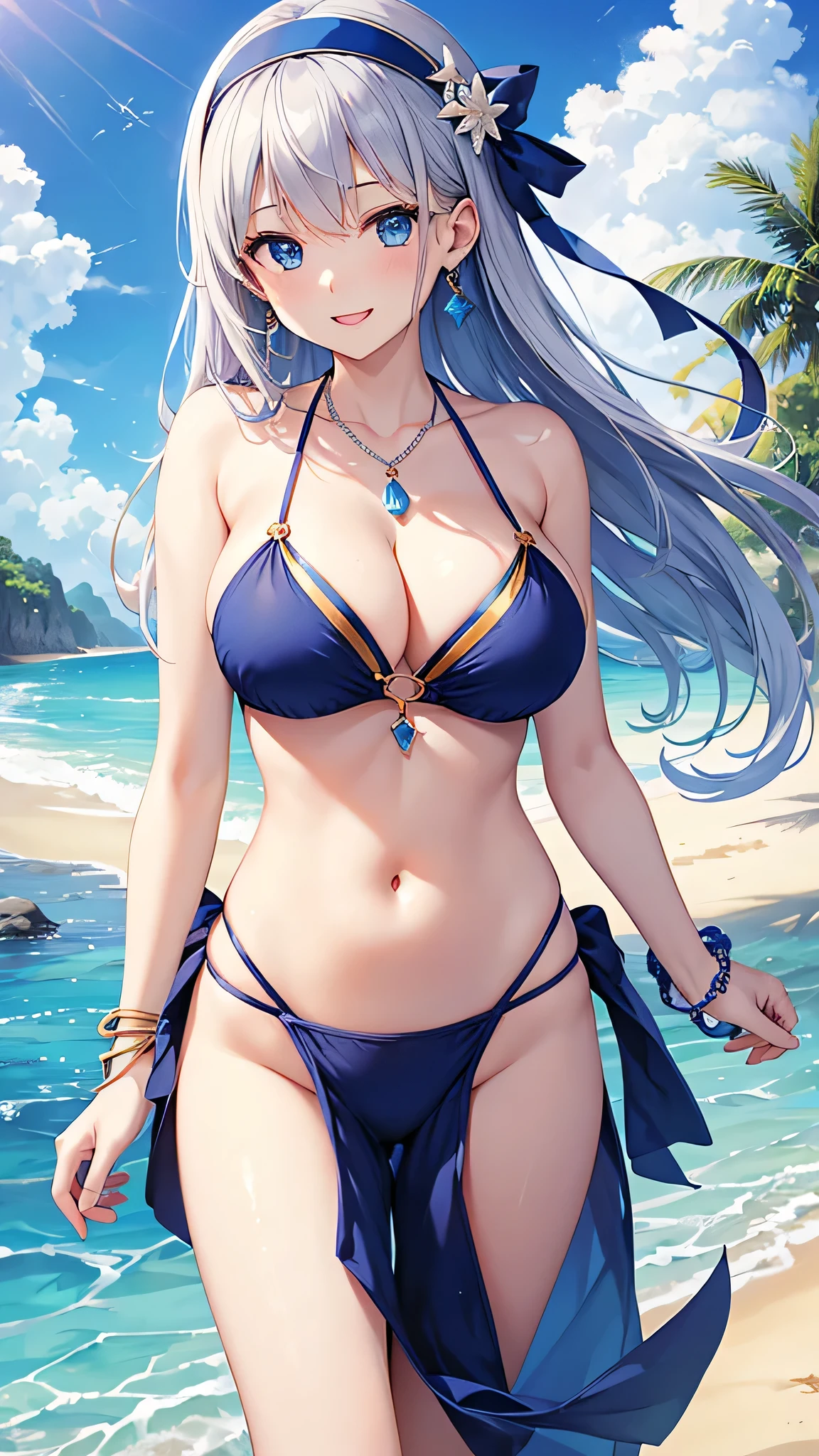 highest quality、Best image quality、masterpiece、beautiful girl、Navy blue long hair、blue eyes、Navy Blue Bikini、Big 、(Big Breablue necklace、Blue Earrings、background(Beach)、Put your chest close、Please open your mouth wide、White headband、bracelet