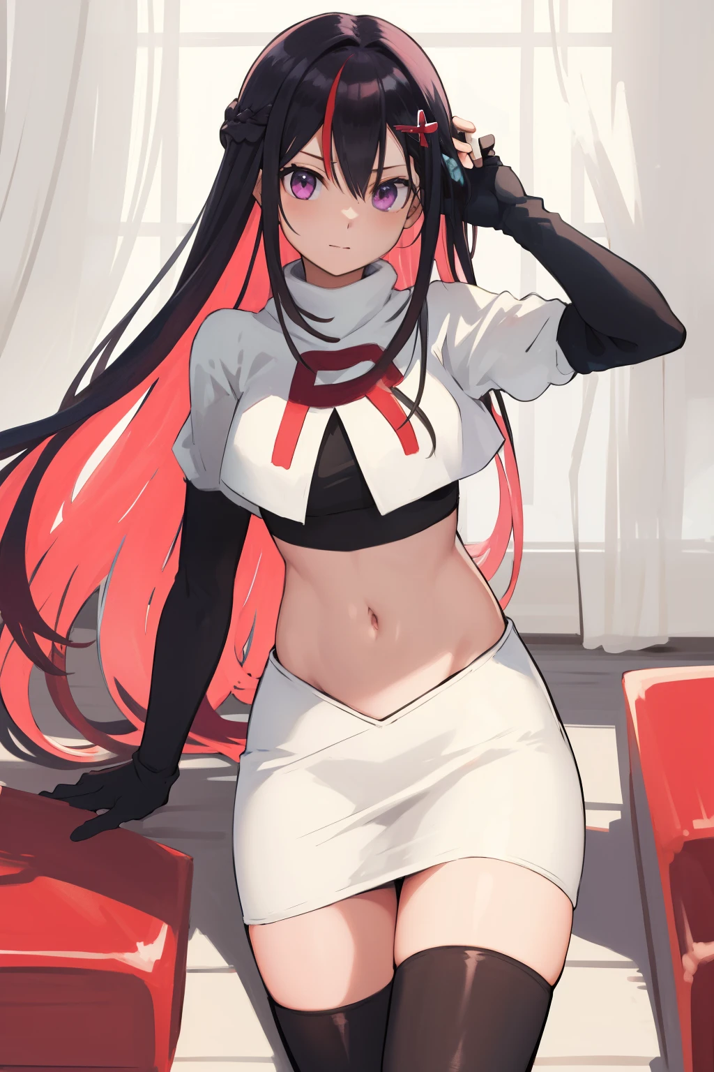 masterpiece, best quality, highres, 1girl, solo, multicolored hair, pink hair, purple eyes, black hair, colored inner hair, hair between eyes, two-tone hair, jewelry, x hair ornament, bangs, very long hair, streaked hair, hairclip, cowboy shot, team rocket,team rocket uniform,white skirt,red letter R,crop top,black thigh-highs,black elbow gloves