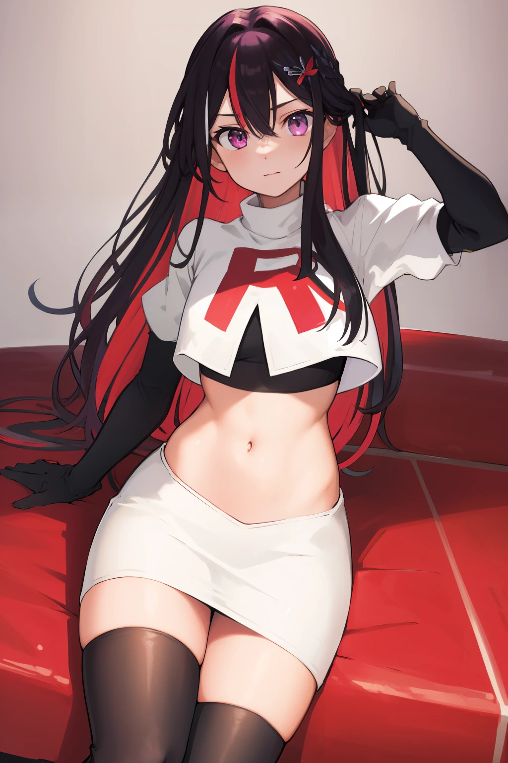 masterpiece, best quality, highres, 1girl, solo, multicolored hair, pink hair, purple eyes, black hair, colored inner hair, hair between eyes, two-tone hair, jewelry, x hair ornament, bangs, very long hair, streaked hair, hairclip, cowboy shot, team rocket,team rocket uniform,white skirt,red letter R,crop top,black thigh-highs,black elbow gloves