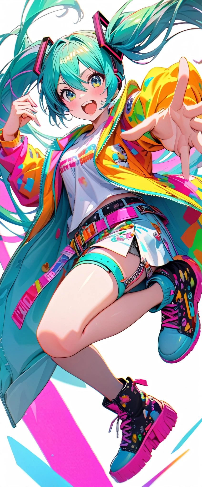 hatsune_miku, jumping, pop clothes, belt on right leg, colorful, bright, perfect hand, simple white background, ultra detailed, 8k