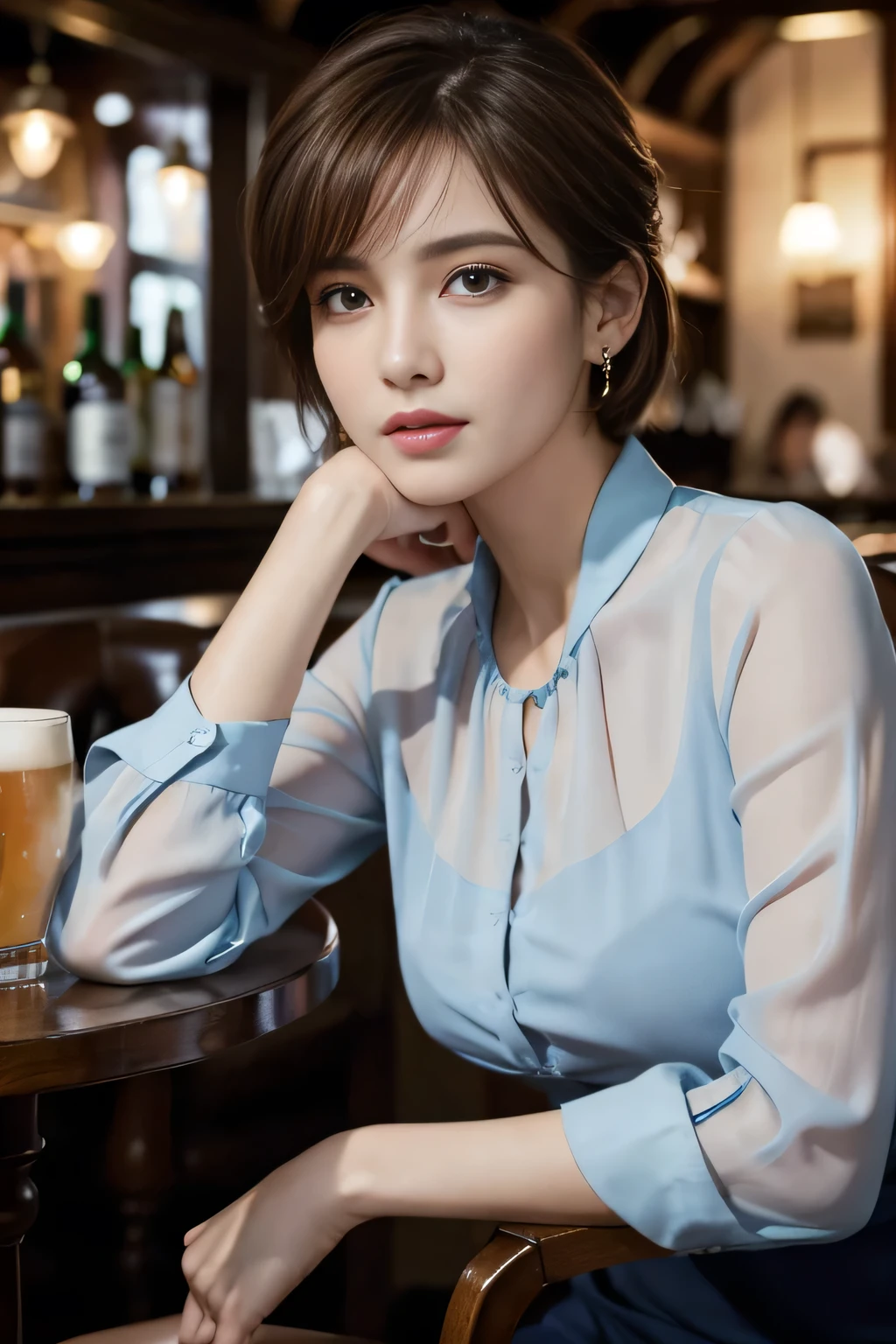 masterpiece, highest quality, Realistic, Very detailed, Finer details, High resolution, 8k wallpaper, One beautiful woman, Wear a navy blue see-through blouse, In a great pub, At night, Light brown unkempt short hair, Perfect dynamic composition, Beautiful and beautiful eyes、Big earrings、Sitting in a chair、