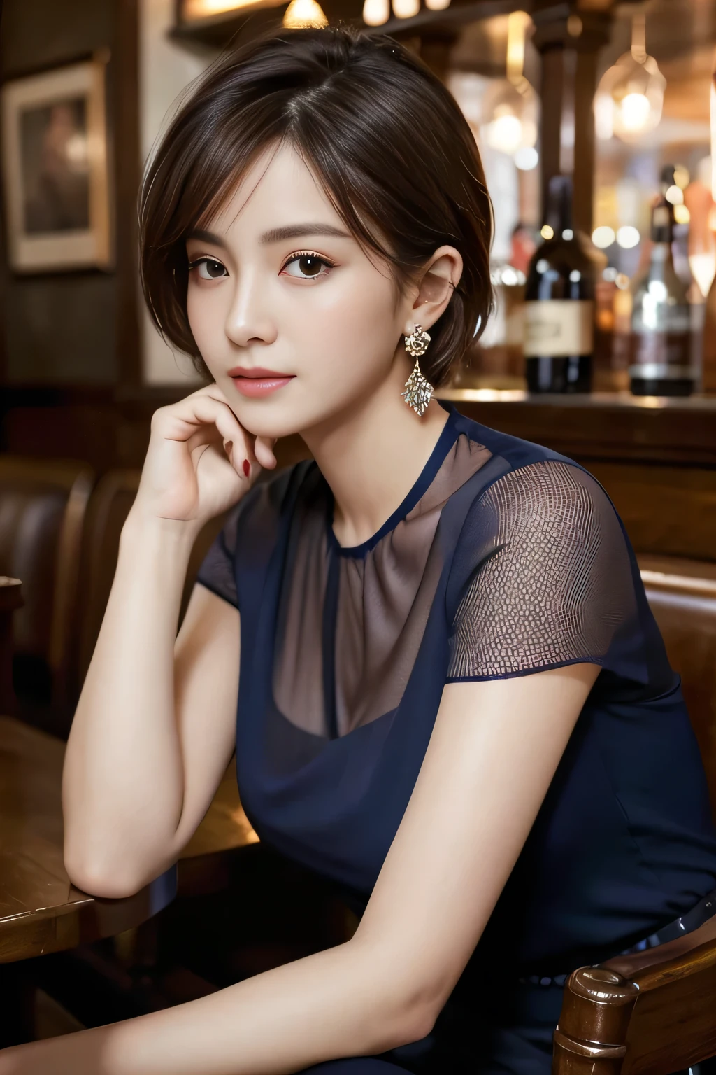 masterpiece, highest quality, Realistic, Very detailed, Finer details, High resolution, 8k wallpaper, One beautiful woman, Wear a navy blue see-through blouse, In a great pub, At night, Light brown unkempt short hair, Perfect dynamic composition, Beautiful and beautiful eyes、Big earrings、Sitting in a chair、