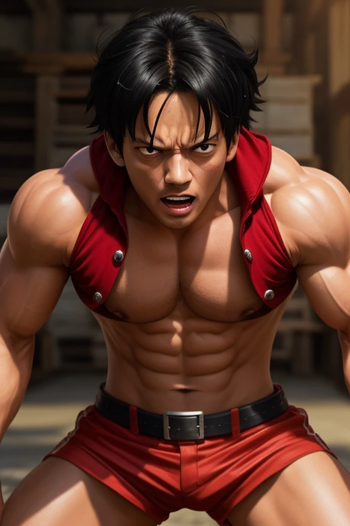 best quality,masterpiece, Luffy ,Ultra high detail,A handsome hunky muscular, in action 