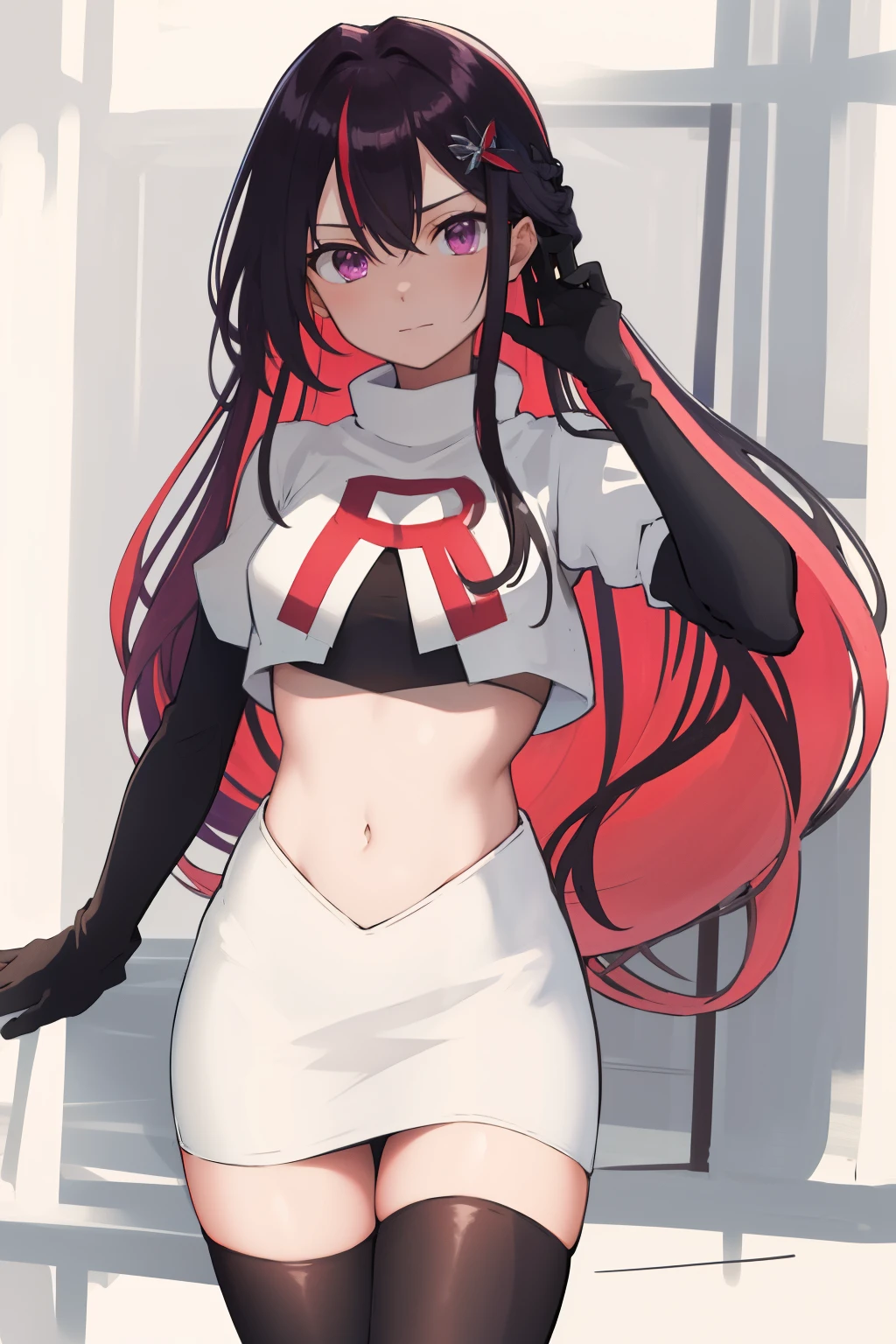 masterpiece, best quality, highres, 1girl, solo, multicolored hair, pink hair, purple eyes, black hair, colored inner hair, hair between eyes, two-tone hair, jewelry, x hair ornament, bangs, very long hair, streaked hair, hairclip, cowboy shot, team rocket,team rocket uniform,white skirt,red letter R,crop top,black thigh-highs,black elbow gloves