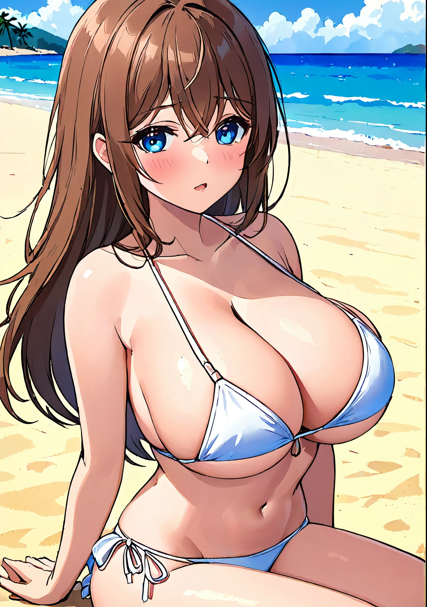 (This is a close-up shot of a young anime girl in a bikini on the beach:1.4),(solo:1.4),(1girl:1.4),(long brown hair:1.3),(blue eyes:1.2),(white bikini top:1.3),(white bikini bottom:1.2),(navel:1.1),(sitting on the beach:1.3),(palm trees in the background:1.2),(ocean in the background:1.2),(blue sky:1.1), (detailed face:1.3),(beautiful detailed eyes:1.3),(slightly parted lips:1.2),(shy embarrassed expression:1.3),(flushed cheeks:1.2),(slender body:1.2),(large breasts:1.3), (masterpiece:1.2),(best quality:1.3),(ultra high res:1.2),(photorealistic:1.1), lora:cuteGirlMix4_v10:0.5,lora:koreanDollLikeness_v15:0.3,