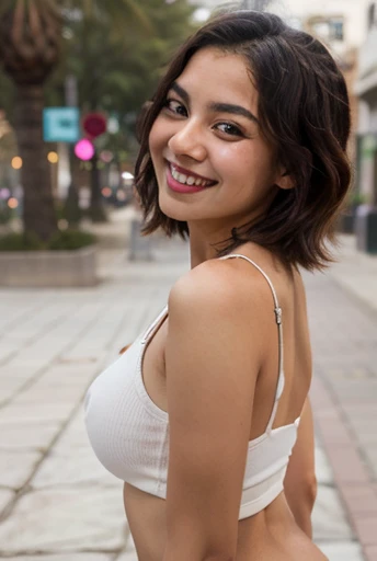 18-year-old Mexican girl, slim complexion with a somewhat large bust, a medium and firm butt in a plaza in Mexico, smiling at the camera with a look of love, sending a kiss with a face worthy of a youthful model with casual clothes for a romantic date 