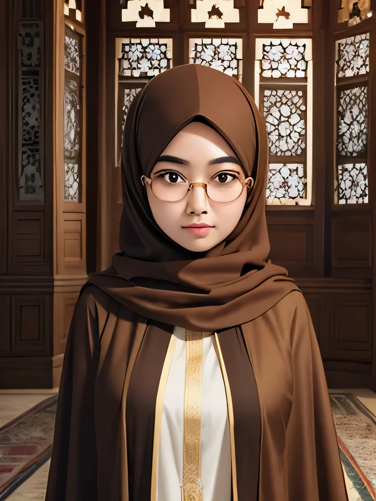 Detailed face half body photo. 25 year old Indonesian girl with a sweet face, big round face and long brown hijab, round glasses, Wearing brown long Islamic robes in a classic magnificent mosque with exposed long skirt