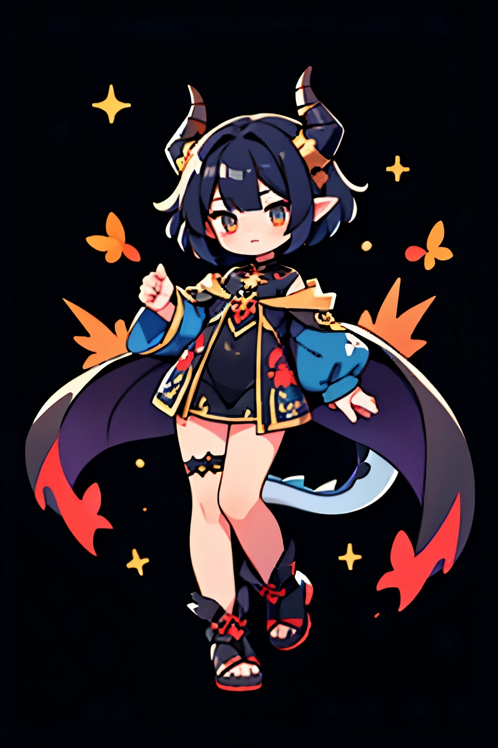 a dragon girl from the universe with short black starry hair with horns and a tail with clothes with full body star details