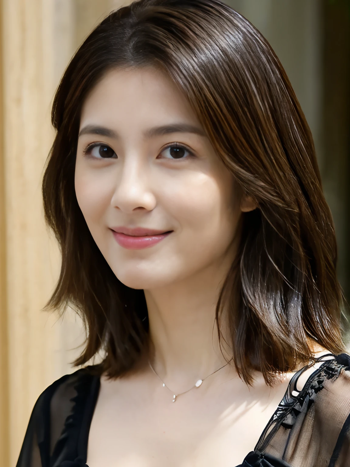 (Raw Photo), (Photorealsitic), (Masterpiece), (Best Quality), High Resolution, 8K, (Intricate Details), (Voluminous Light), Portrait, Female, 35 Years Old, Medium Hair, Straight Hair, middle breasts cleavage, layered hair, brown hair, very fine eyes, source order, very fine eyebrows, very fine skin, very fine mouth, very fine nose, cute like an idol, happy smile, (thick lips), (looking at the viewer), (sexy elegant colorful black blouse), ((full body shot)), ((Emphasize cleavage)),
