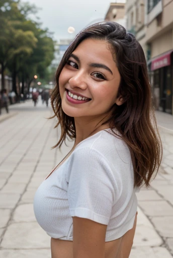 18-year-old Mexican girl, slim complexion with a somewhat large bust, a medium and firm butt in a plaza in Mexico, smiling at the camera with a look of love, sending a kiss with a face worthy of a youthful model with casual clothes for a romantic date
