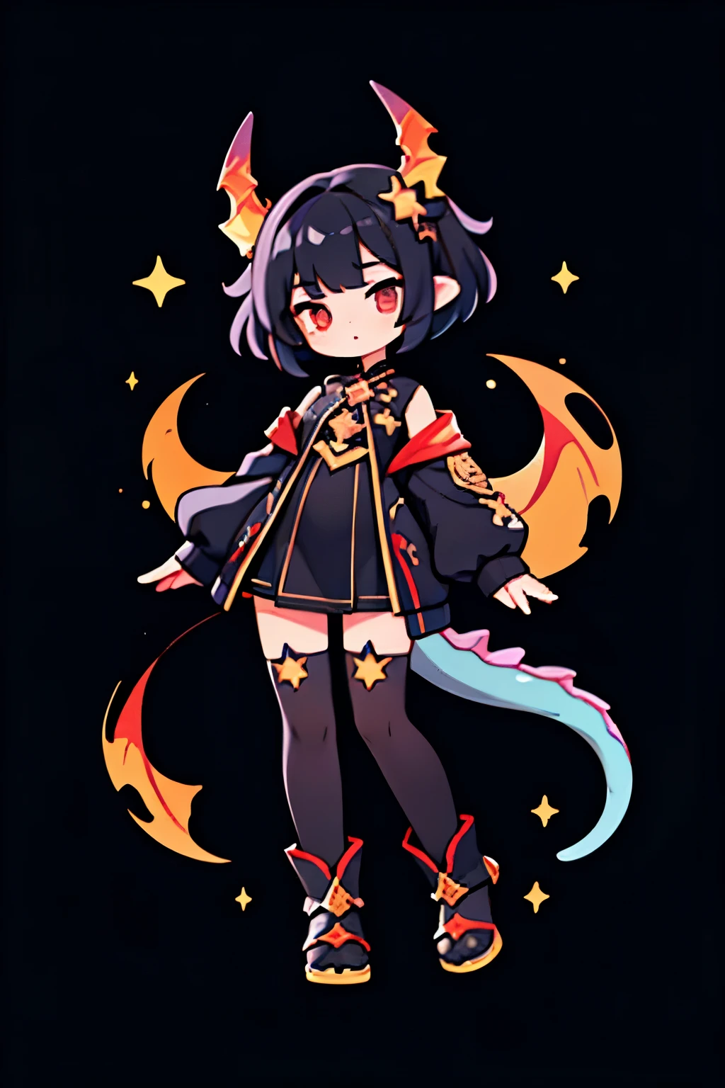a dragon girl from the universe with short black starry hair with horns and a tail with clothes with full body star details