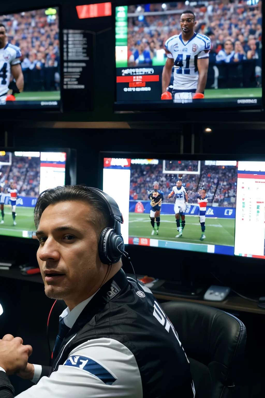"(best quality,4k,ultra-detailed,highres:1.2),HDR,realistic,studio lighting,portraits,vivid colors,sharp focus" A football commentator, exalted in his booth, describing the football game to the audience. The commentator's passionate expressions and gestures make the audience feel the excitement and intensity of the game. The booth is equipped with advanced broadcasting equipment, including multiple screens displaying live match footage, player statistics, and instant replays. The commentator's booth is filled with energy, with posters of famous football players and trophies on the walls. The commentator is wearing a professional suit and tie, and his face shows enthusiasm as he commentates on the match. The lighting inside the booth highlights the action on the screens, creating a dynamic atmosphere. The colors are vibrant, reflecting the spirit and energy of the game. The focus is sharp, capturing every detail of the commentator's expression and the equipment in the booth. The prompt aims to generate an image that conveys the excitement and passion of football commentary while ensuring a high level of detail and realism.