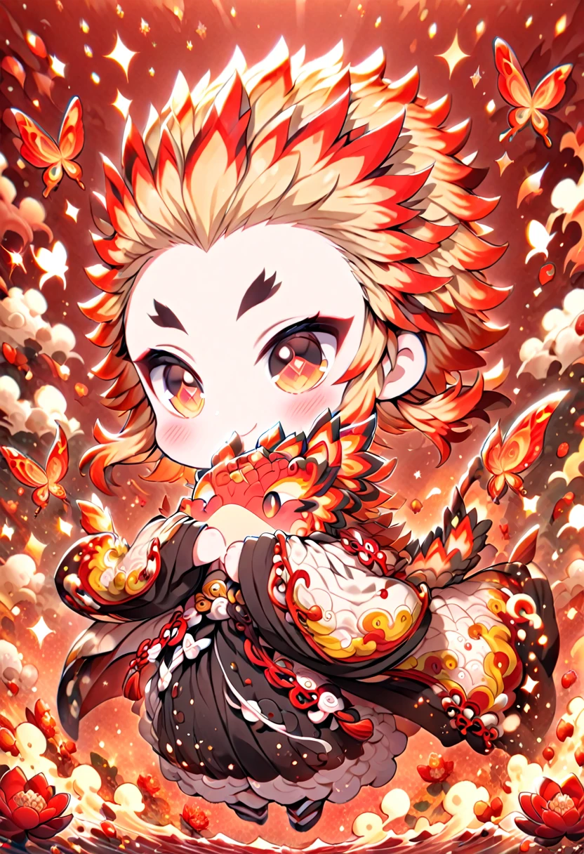 absurdres, highres, ultra detailed, HDR, master piece, best quality, Rengoku Kyojuro chibi, blonde hair, expressive orange eyes, kimetsu no yaiba, solo, cute, boy hugging a red dragon, white haori, black kimono, patterns, magical, fantasy, red background, red lotus, shining, red petals, red glittering butterflies