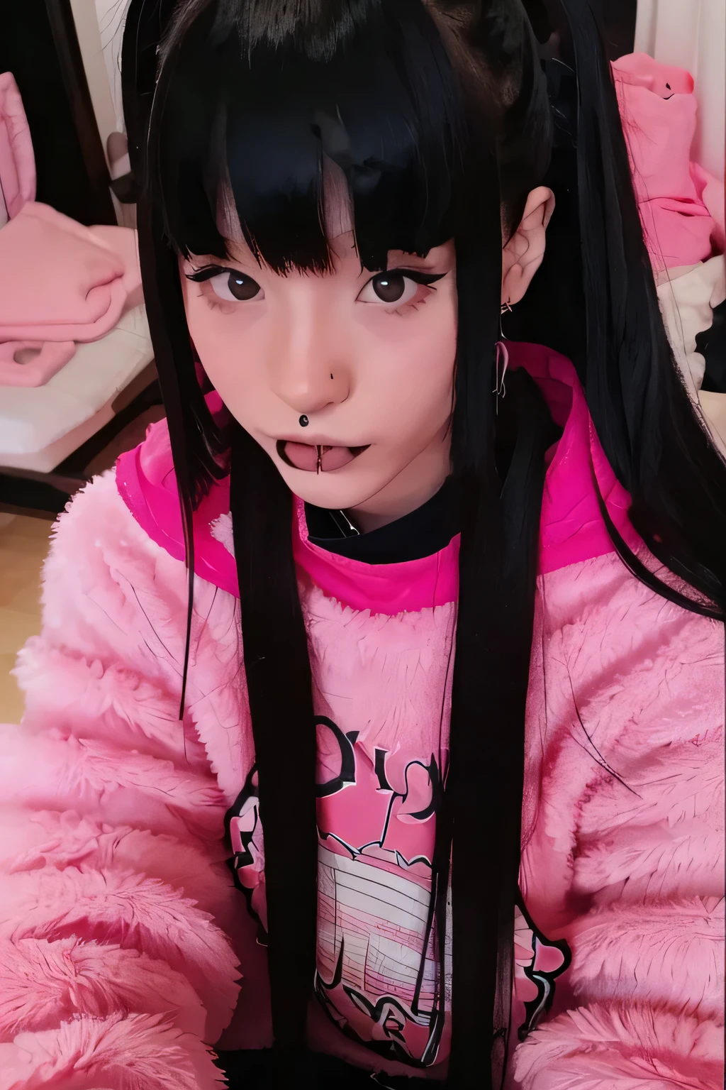 arafed girl with a pink blanket and a pink jacket, a picture inspired by Taro Yamamoto, tumblr, tachisme, 1 7 - year - old goth girl, she has black hair with bangs, 1 7 - year - old anime goth girl, with black pigtails, with long hair and piercing eyes, black hair and large eyes, 🤤 girl portrait