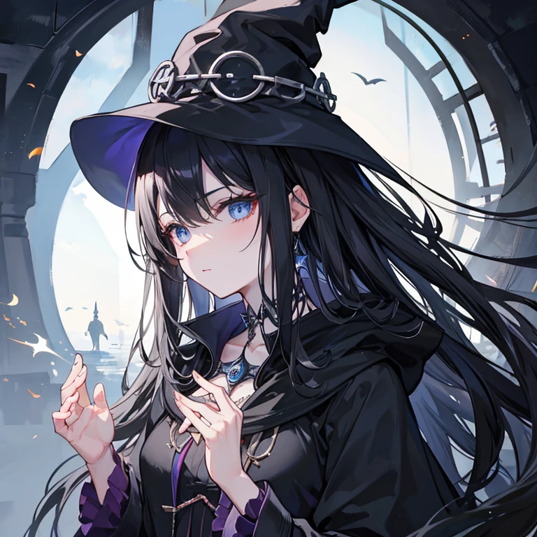 Villain, 200-year-old witch, long black hair, magic in her hands shining
