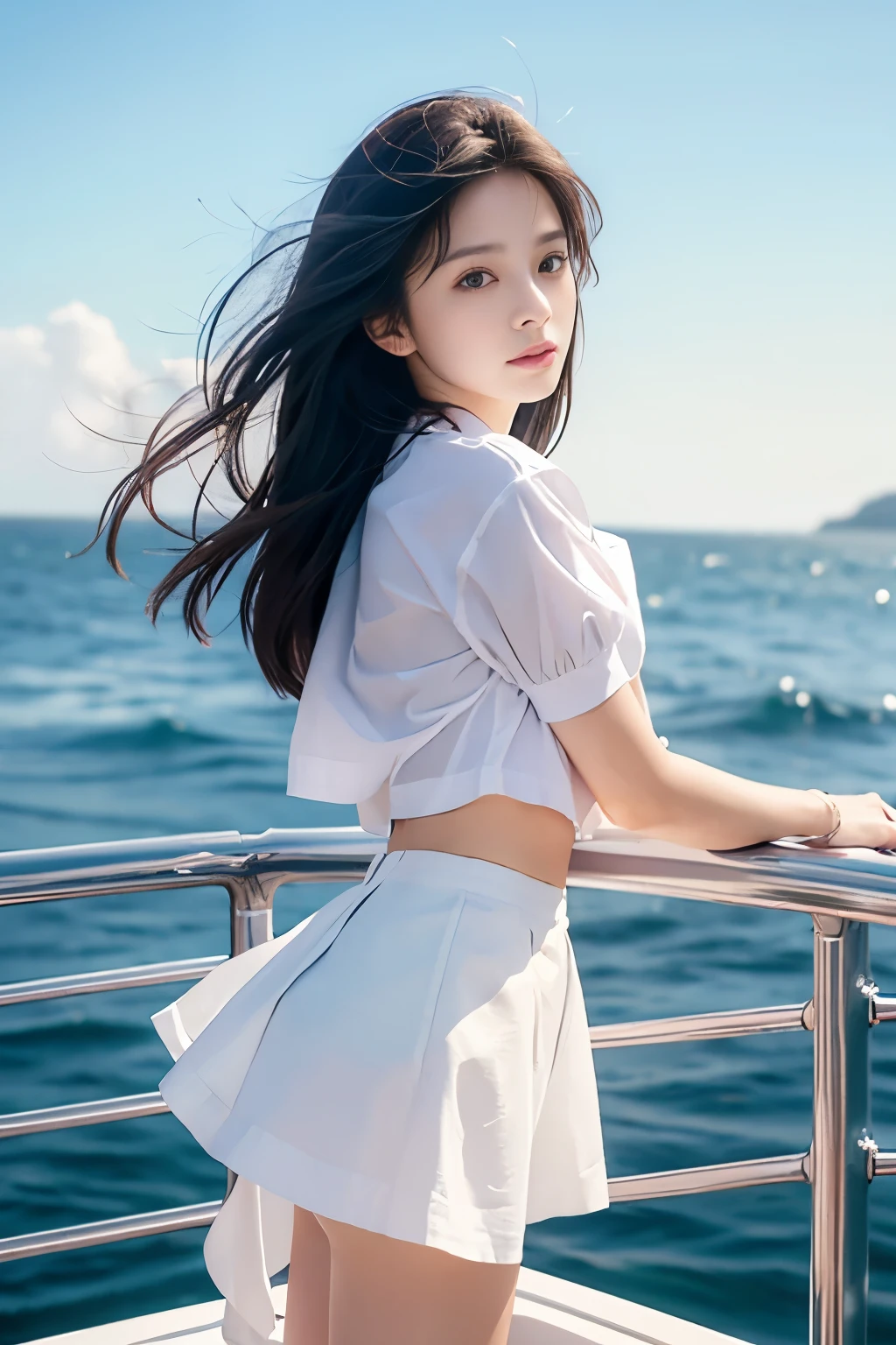 8k, Raw photo, highest quality, masterpiece:1.2), masterpiece, highest quality, figure, Very detailed, Fine details, High resolution, 8k,wallpaper, Perfect dynamic composition,(Detailed high quality, Realistic depiction of eyes:1.3)、 Woman、Arms wrapped around his back, hands tie behind back, Crouching on the deck of a yacht at sea、White panties are visible、My hair is blowing violently in the wind、Wearing a short-sleeved shirt、Wearing a long skirt、whole body、The whole thing faces forward、21talent、Beauty、Well-formed face、Make your eyes even、Beautiful black hair fluttering violently in the wind、There are fluttering bangs、Well-balanced proportionedium build、Beautiful legs、Refreshing small face、Beautiful scenery、
