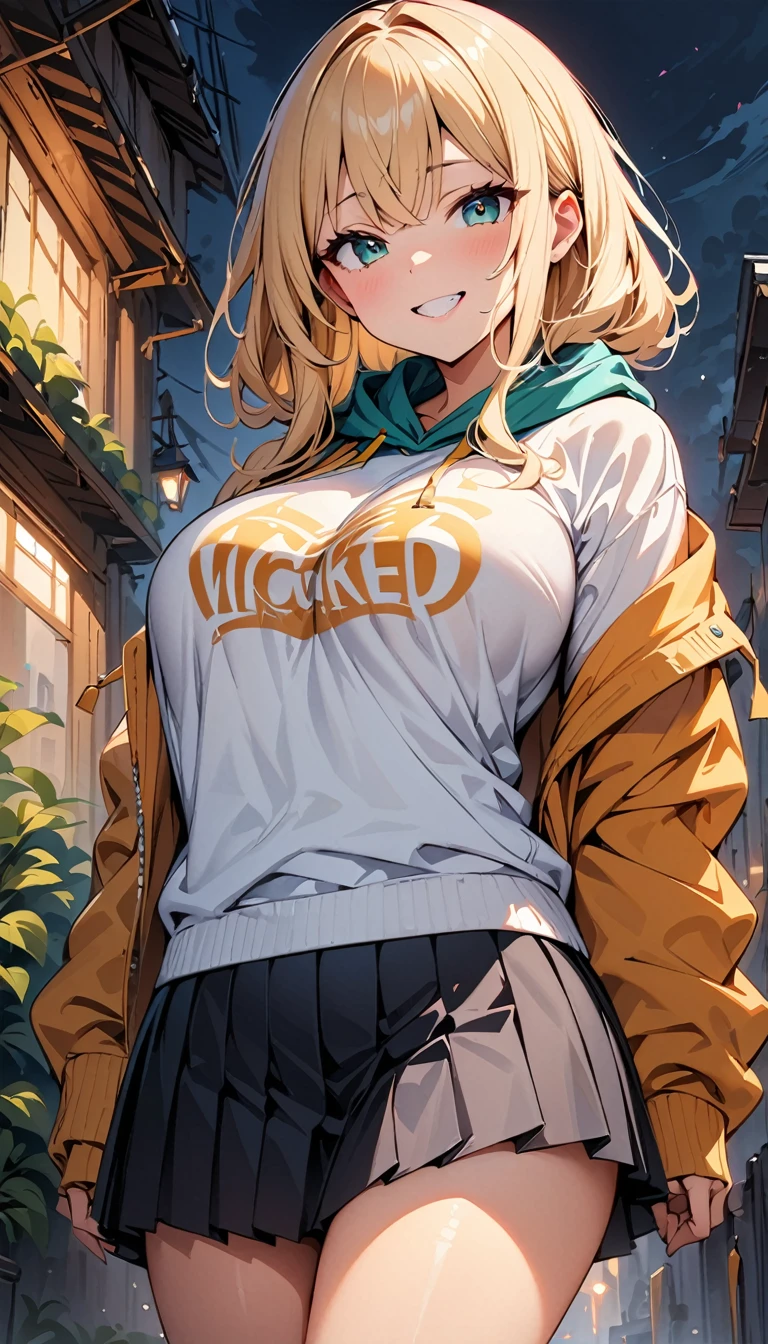 (highest quality, 4K, 8K High Resolution, masterpiece:1.2), Very detailed、One Girl, alone, Big eyes, Wicked Smile,hoodie, Pleated skirt, JK,Large Breasts、Attractive breasts