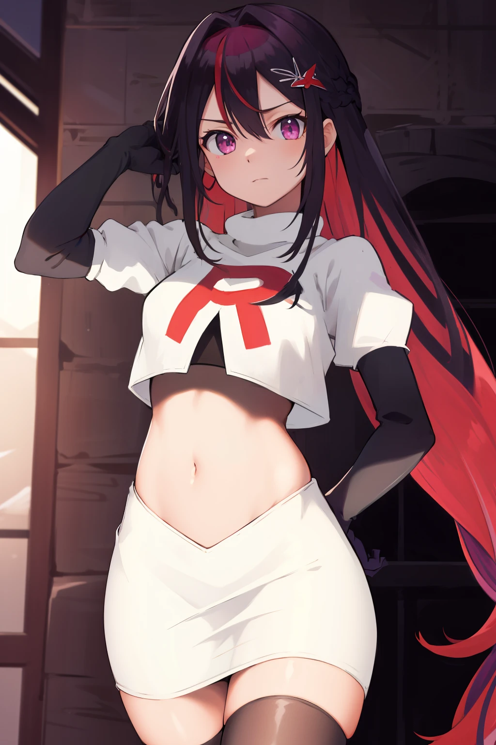 masterpiece, best quality, highres, 1girl, solo, multicolored hair, pink hair, purple eyes, black hair, colored inner hair, hair between eyes, two-tone hair, jewelry, x hair ornament, bangs, very long hair, streaked hair, hairclip, cowboy shot, team rocket,team rocket uniform,white skirt,red letter R,crop top,black thigh-highs,black elbow gloves