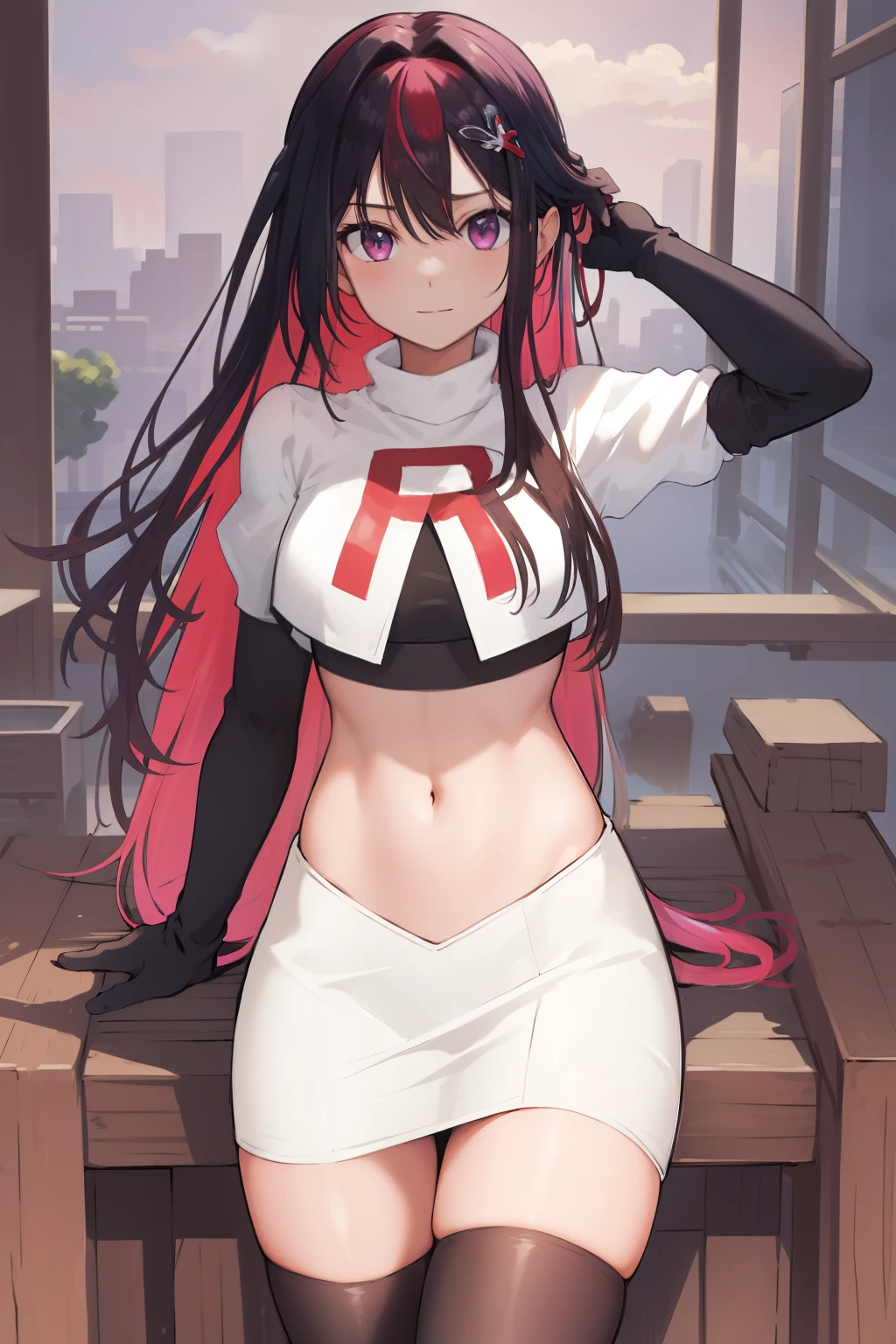masterpiece, best quality, highres, 1girl, solo, multicolored hair, pink hair, purple eyes, black hair, colored inner hair, hair between eyes, two-tone hair, jewelry, x hair ornament, bangs, very long hair, streaked hair, hairclip, cowboy shot, team rocket,team rocket uniform,white skirt,red letter R,crop top,black thigh-highs,black elbow gloves