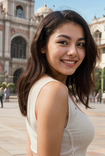 18-year-old Mexican girl, slim complexion with a somewhat large bust, a medium and firm butt in a plaza in Mexico, smiling at the camera with a look of love, sending a kiss with a face worthy of a youthful model with casual clothes for a romantic date