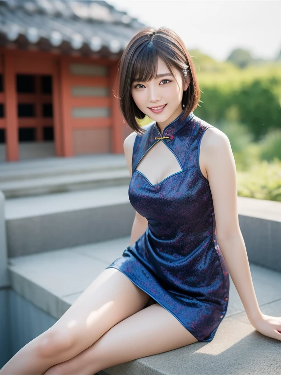 (8K、RAW photo、highest quality、masterpiece:1.5)、(realistic、Photoreal:1.37)、super detailed、超A high resolution、1 girl、see the beholder、beautiful and detailed face、laughter、narrow、(slim waist) :1.3)、shortcut、Beautiful and smooth skin、skin texture、floating hair、professional lighting、Chinese Teahouse Background、human body as a whole、Brown Short Bob、(on top of the cheongsam,golden floral pattern on blue)、(big breast:1.5)、