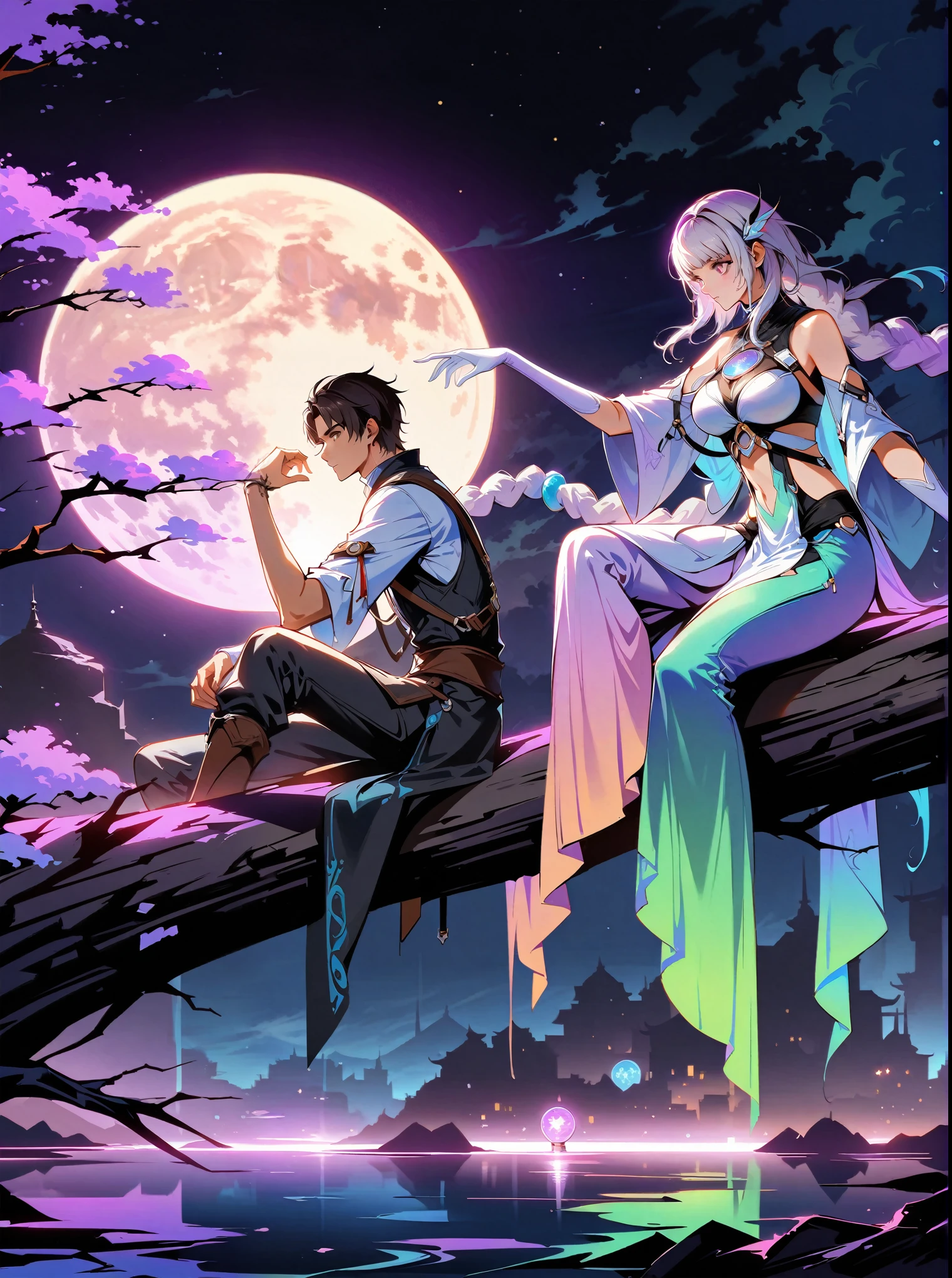 yinji, Romantic ancient style,night,Backlight,A man and a woman sitting on a tree branch,There is a full moon behind,Fresh colors,Soft colors,Diode lamp,Concept art style,Extremely complex details,Clear distinction between light and dark,Structured,Ultra HD, 1yj1