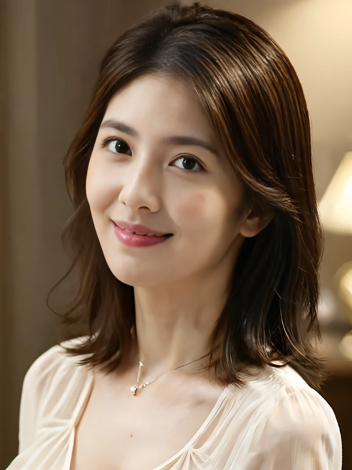 (RAW Photos), (Photorealistic), (masterpiece), (highest quality), High resolution, 8k, (Intricate details), (Volumetric light), Portraiture, Slightly tilted face, woman, 30 years old, Medium Hair, Straight hair, middle cleavage, Layered Hair, Brown Hair, Very beautiful eyes, Source order, Very thin eyebrows, Very fine skin, Very nice mouthfeel, Very nice nose, Cute like an idol, Smile, (Thick lips), (Sexy and elegant blouse), ((Full Body Shot)), ((Accentuate your cleavage)), random body orientation,
