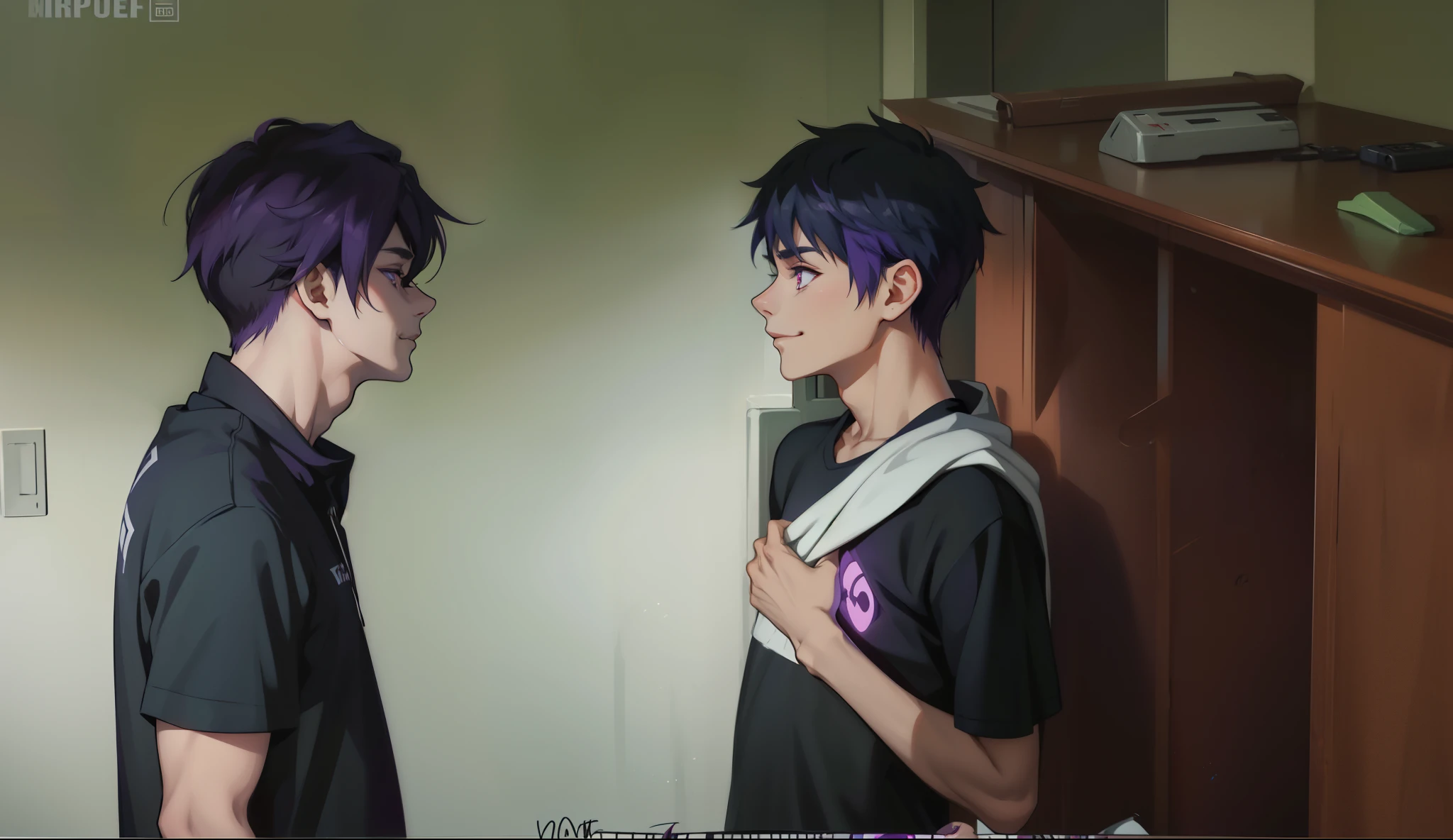 (estilo anime 2d plano)cute 16 year old boy speaks evil with hate with a mischievous smile malevolent irony purple hair purple eyes aura of evil he is dangerous murderer