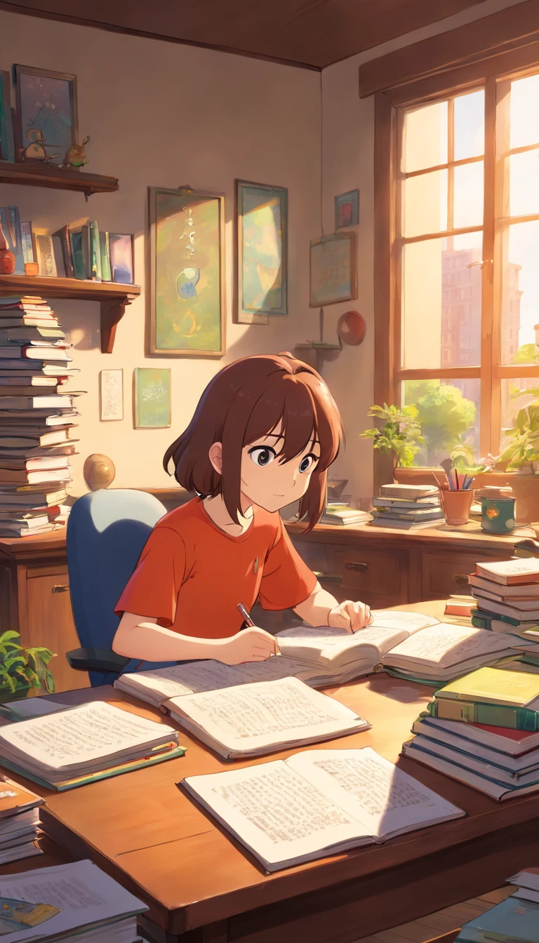 In realistic pixar anime style, Macro photo of a college student studying on his study table with pile of books around the table. The room is messy like that of any college student dorm. From the window we can see outside and it's very hot. The background is soft focus and has copy space around the daytime scene.