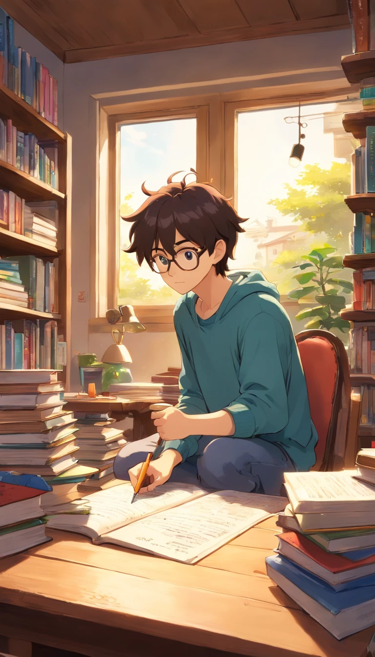 In realistic pixar anime style, Macro photo of a college student studying on his study table with pile of books around the table. The room is messy like that of any college student dorm. From the window we can see outside and it's very hot. The background is soft focus and has copy space around the daytime scene.
