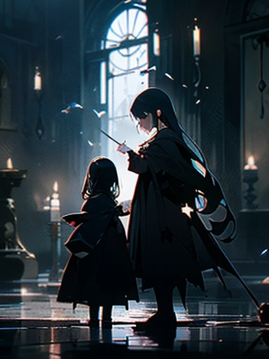 Create an image featuring two girls in a dark, candle-lit basement, One girl is (visibly crying and sad), overwhelmed by her emotions, The other girl is (magical girl who has succumbed to evil), (she stands behind the crying girl), her expression sinister as she attempts to turn the jewel on her chest black, symbolizing her fall from grace. The basement should be dimly lit, with numerous candles scattered on the floor, casting eerie shadows and creating a somber, mysterious atmosphere. The contrast between the two girls, one in despair and the other embodying darkness, should be striking and emotionally impactful.