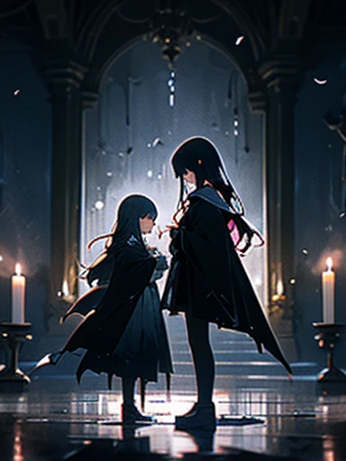 Create an image featuring two girls in a dark, candle-lit basement, One girl is (visibly crying and sad), overwhelmed by her emotions, The other girl is (magical girl who has succumbed to evil), (she stands behind the crying girl), her expression sinister as she attempts to turn the jewel on her chest black, symbolizing her fall from grace. The basement should be dimly lit, with numerous candles scattered on the floor, casting eerie shadows and creating a somber, mysterious atmosphere. The contrast between the two girls, one in despair and the other embodying darkness, should be striking and emotionally impactful.