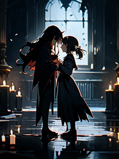 Create an image featuring two girls in a dark, candle-lit basement, One girl is (visibly crying and sad), overwhelmed by her emotions, The other girl is (magical girl who has succumbed to evil), (she stands behind the crying girl), her expression sinister as she attempts to turn the jewel on her chest black, symbolizing her fall from grace. The basement should be dimly lit, with numerous candles scattered on the floor, casting eerie shadows and creating a somber, mysterious atmosphere. The contrast between the two girls, one in despair and the other embodying darkness, should be striking and emotionally impactful.