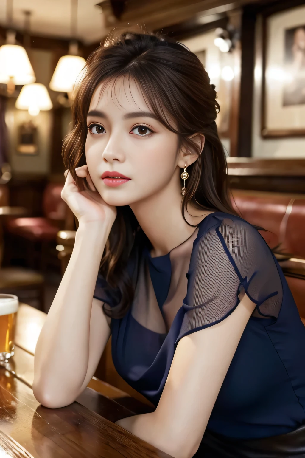 masterpiece, highest quality, Realistic, Very detailed, Finer details, High resolution, 8k wallpaper, One beautiful woman, Wear a navy blue see-through blouse, In a great pub, At night, Light brown messy layered hair, Perfect dynamic composition, Beautiful and beautiful eyes、Big earrings、Sitting in a chair、