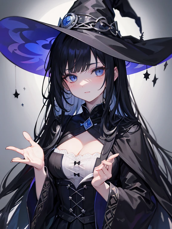 Villain, 200-year-old witch, long black hair, magic in her hands shining