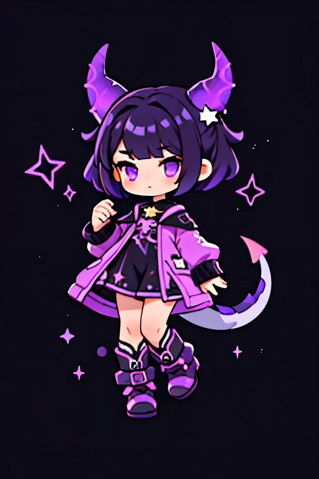 a dragon girl from the universe with short black starry hair with purple and black horns and a black tail with clothes with star details full body with black boots and a star at the tip with a dark purple sock